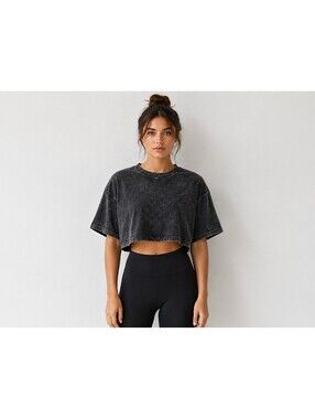 ASOS 4505 Acid Wash Cropped Oversized T-Shirt Black Cotton UK 10 US 6